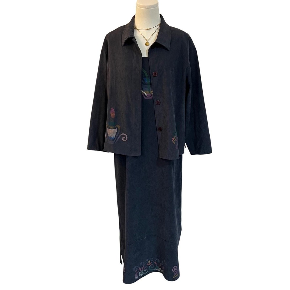 Vintage 2 Pc Dress Jacket Set Petite 14P Blue Midi Dress Boho Artsy